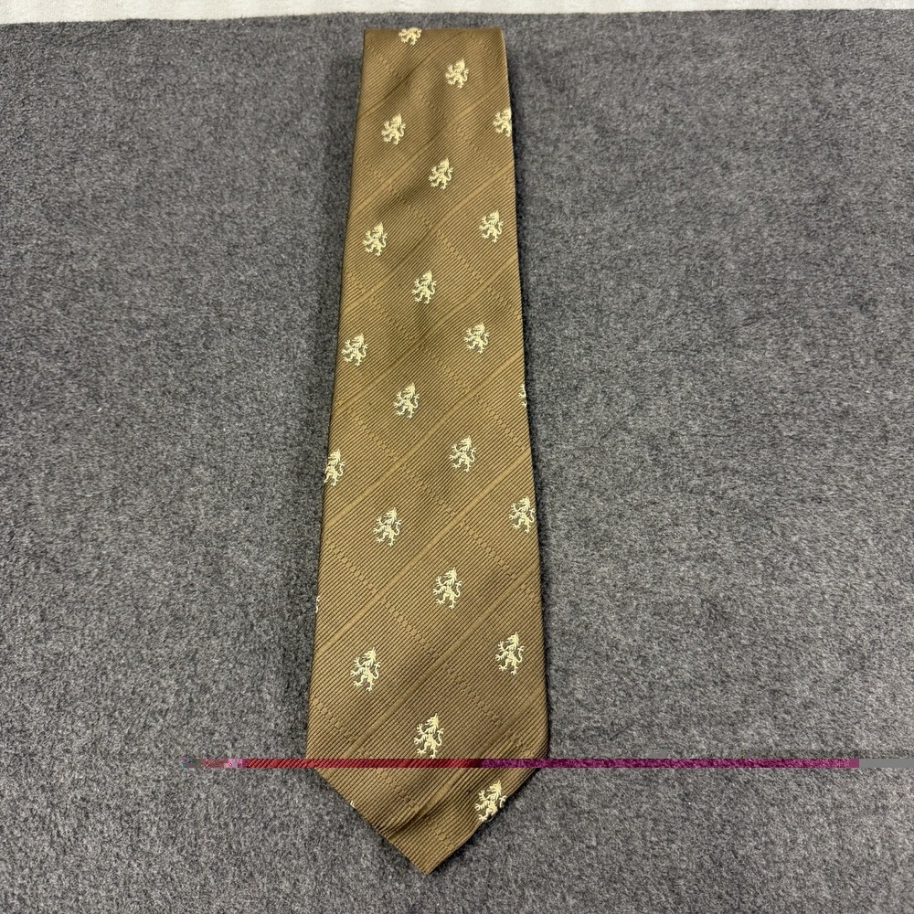 Vtg Briar Pride Of England Silk Tie Brown Gold Rampant Lion Crest Motif Club Men